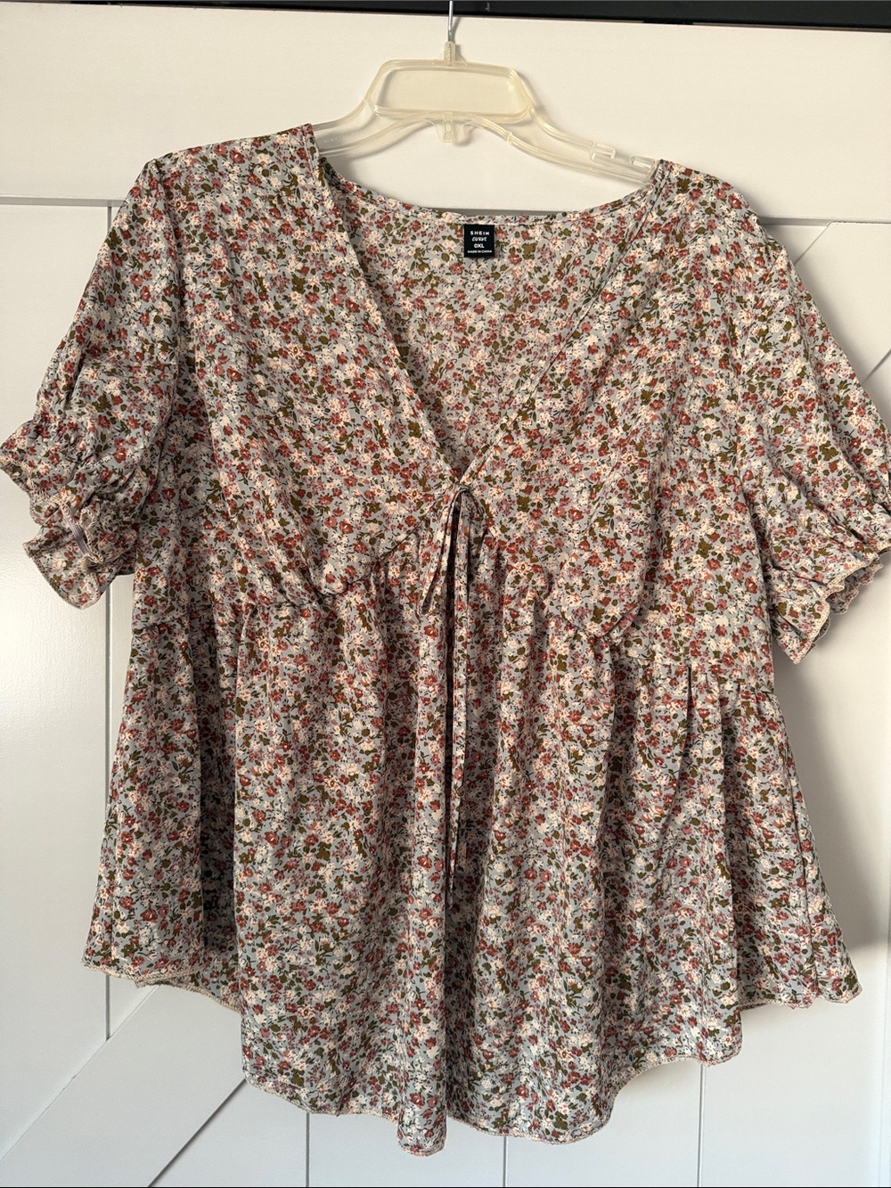 Cream blue green Floral Tie-Front Peasant Blouse with Rust and Olive Accents